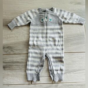 Janie and Jack Gray & White Striped Knit Footie with Sheep Embroidery